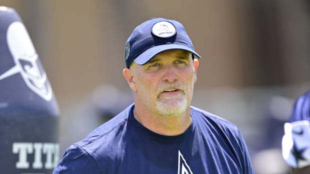 Jul 26, 2023; Oxnard, CA, USA; Dallas Cowboys offensive coordinator Dan Quinn watches over training camp drills at River Ridge Playing Fields in Oxnard, CA. Mandatory Credit: Jayne Kamin-Oncea-USA TODAY Sports  